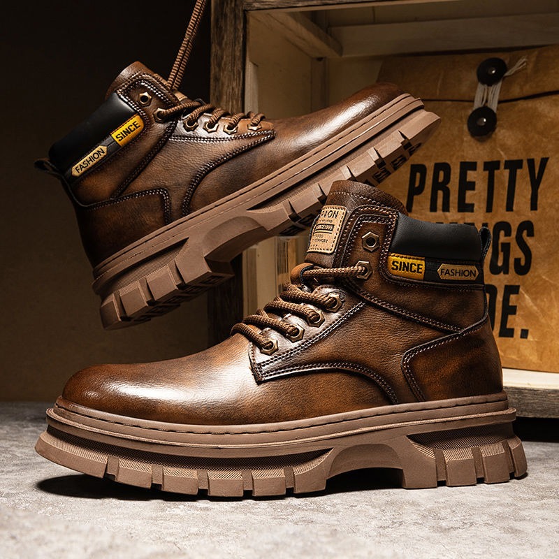 Leatherwork Boots - Vintage erkek platformu yarım çizmeler sonbahar