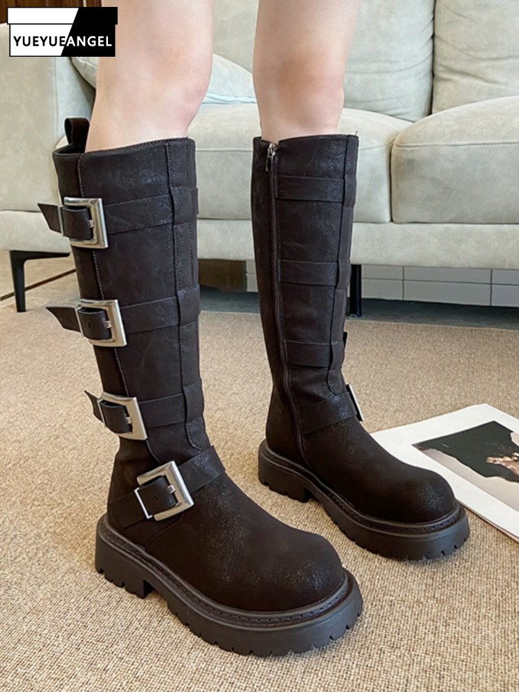 Leatherwork Boots - Moda Kadın Çok Tokalı Diz Üstü
